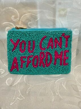 Turquoise Beaded Mini Pouch with Pink Statement Text New